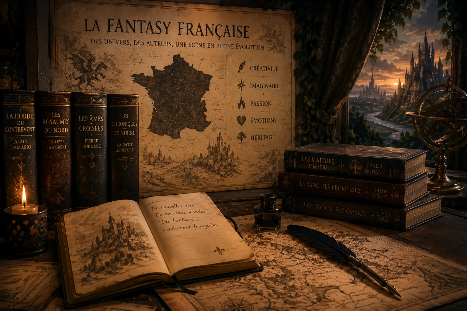 Maisons d'édition fantasy françaises illustrée à travers des livres, une carte imaginaire et un paysage fantastique inspiré des univers de l’imaginaire francophone.